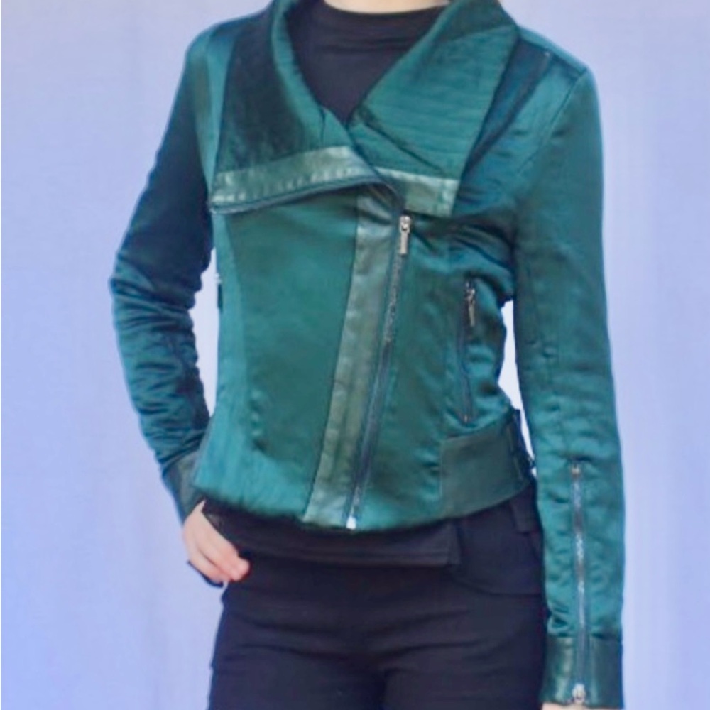 Emerald Green Leather Moto Jacket Asymmetrical Design
